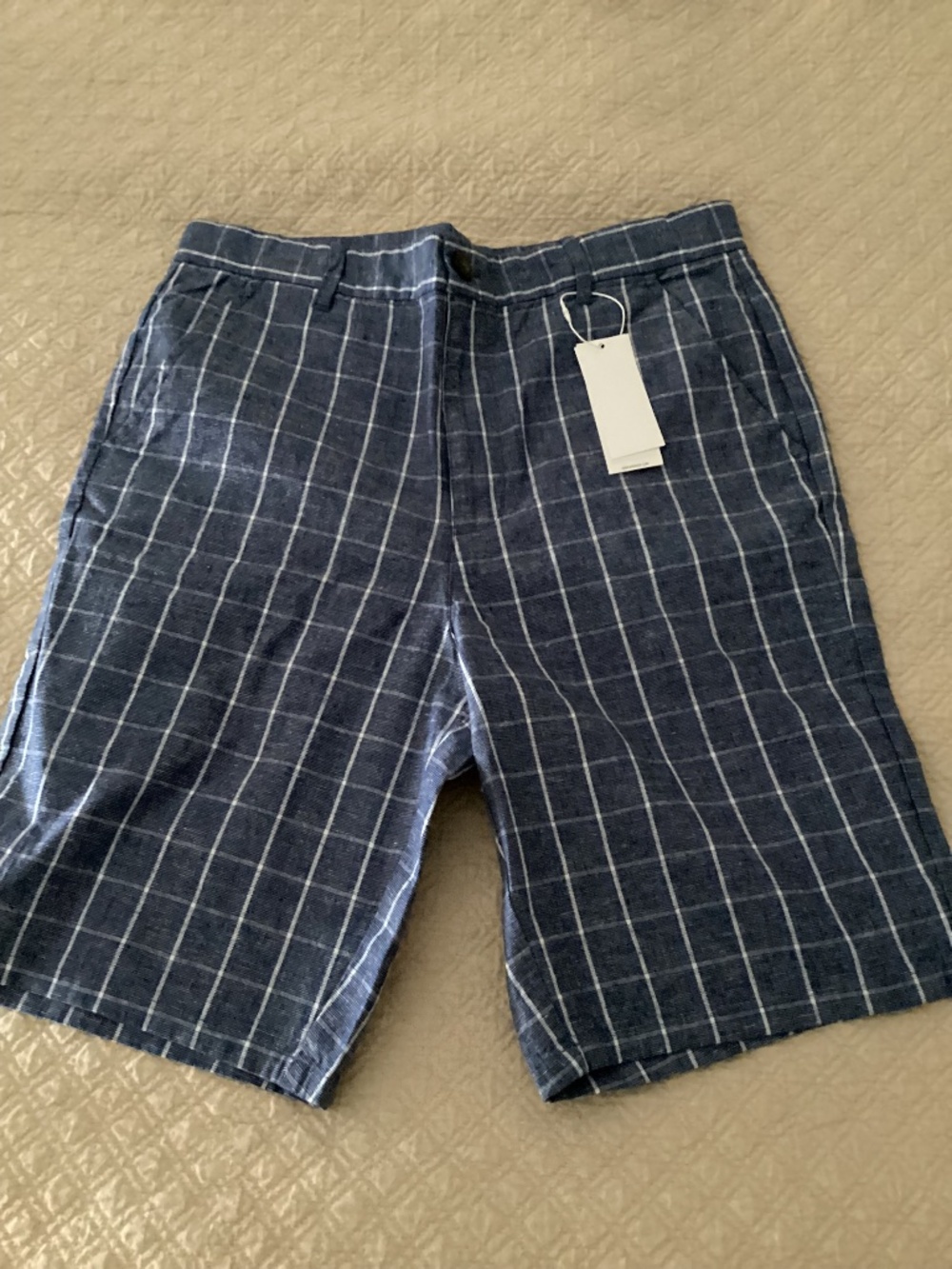 Janie and Jack nwt boys 18 cotton linen blend blue and white check short
